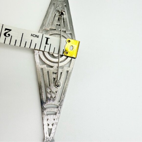 Vintage Silver Tone Art Deco Filigree Rhinestones Brooch Bar Pin - Picture 7 of 7
